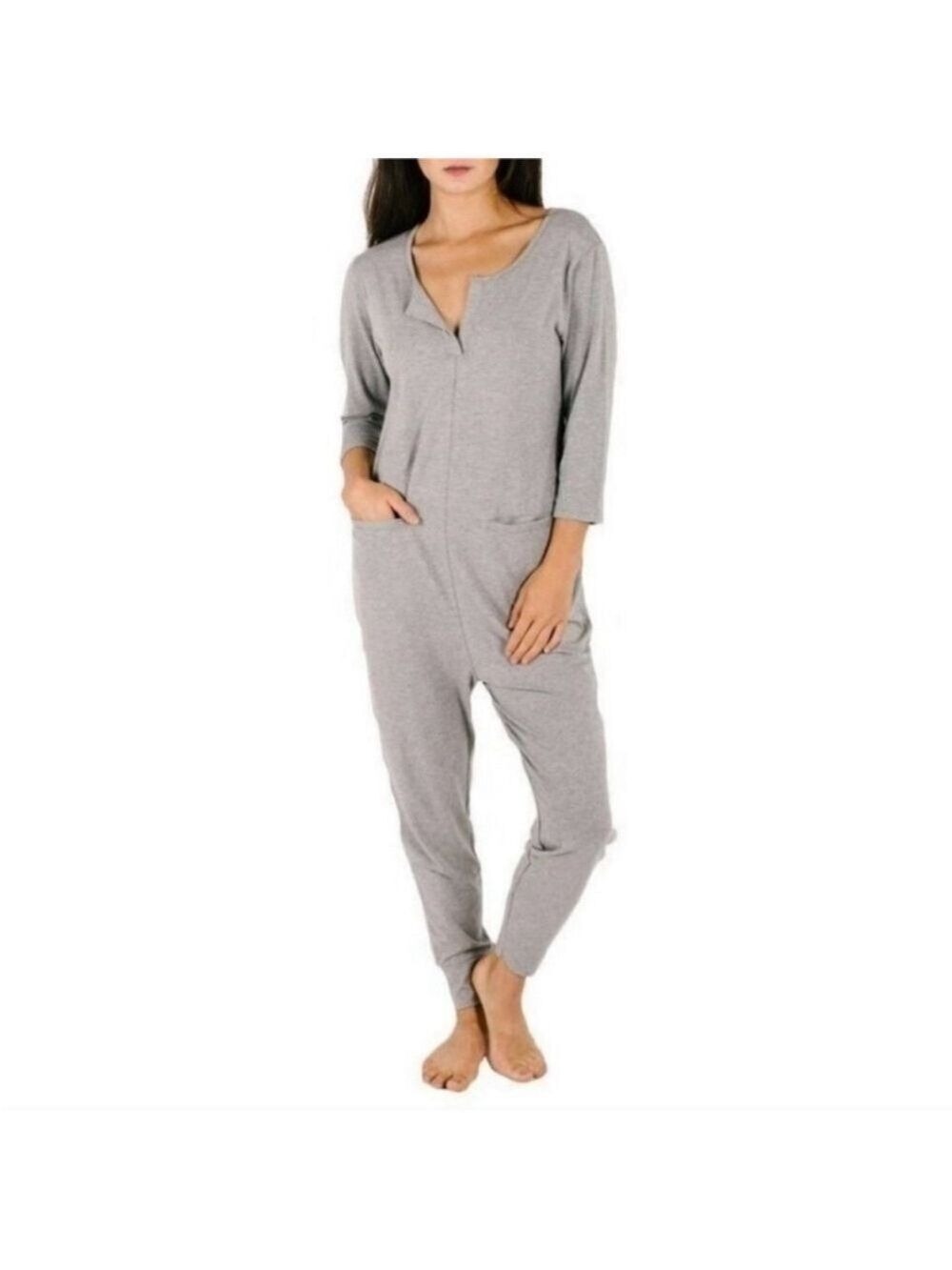 SMASH + TESS Monday romper Gray V-Neck Jumpsuit 3/4 sleeves pockets size medium